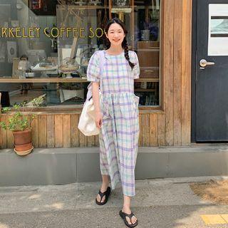 Puff-sleeve Long Plaid Dress