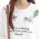 Stripe-hem Floral Lettering-embroidered Sweatshirt