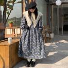 Long-sleeve Wide Collar Floral Print Midi A-line Dress Blue - One Size