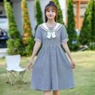 Puff-sleeve Sailor Collar Ribbon Plaid A-line Dress