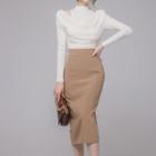 Set: Long-sleeve Cut-out Knit Top + Midi Pencil Skirt