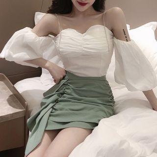 Rhinestone Strap Shirred Blouse / Ruffled Mini A-line Skirt