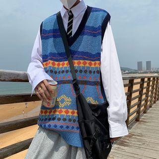 Color Block V-neck Print Knit Vest