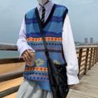 Color Block V-neck Print Knit Vest