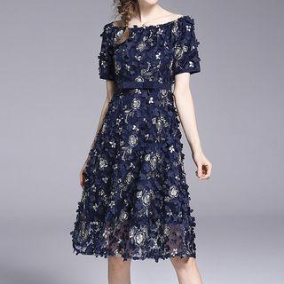 Floral Cold Shoulder Elbow-sleeve A-line Dress