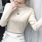 Mock Neck Crown Embroidered Long Sleeve Top
