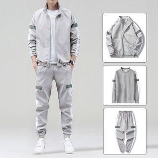 Set Of 3: Color Block Zipped Jacket + Color Block Sweatshirt + High-waist Drawstring Color Block Sweatpants