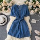 Short-sleeve Zip Tie-waist Denim Wide-leg Playsuit