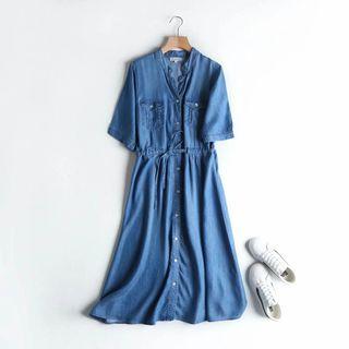 Drawstring Short-sleeve Midi Denim Dress