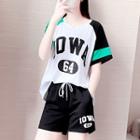 Set: Short-sleeve Color Block Lettering T-shirt + Sweatshorts