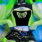 Set: Butterfly Print Color-block Fluorescent Crop Camisole Top + Mesh Long Sleeve Shrug