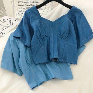 Short-sleeve Denim Crop Blouse