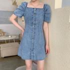 Puff-sleeve Off-shoulder Denim Mini A-line Dress