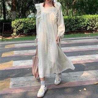 Ruffle Trim Long-sleeve Midi Shift Dress As Shown In Figure - One Size
