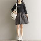 3/4-sleeve Lettering Striped Panel A-line Dress
