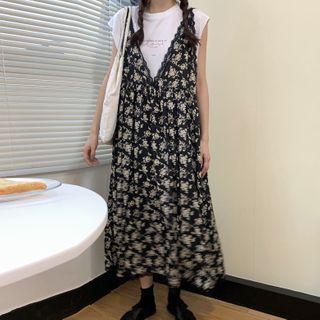 Lettering Tank Top / Flower Print Midi Jumper Dress