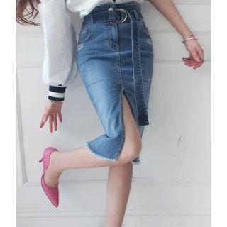Distressed Slit-front Midi Denim Skirt With Belt