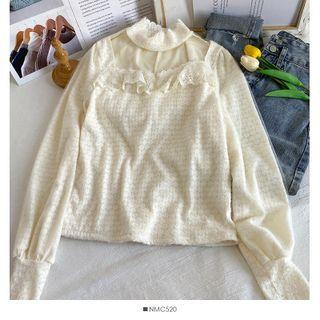 Brushed Mock-neck Ruffled Lace Top Almond - One Size