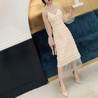 Mesh Long-sleeve Top / Sequined Midi Spaghetti Strap Dress / Set