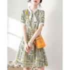 Short-sleeve Print Ribbon Mini A-line Dress