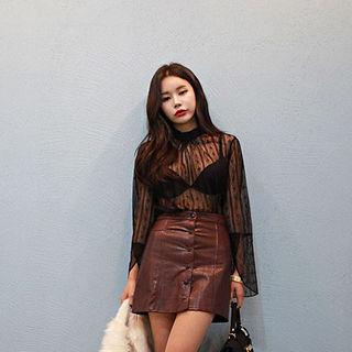 Button-front Faux-leather Mini Skirt