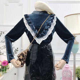 Long-sleeve Velvet Lace Trim Top