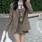 Plaid Blazer / Vest / Pleated Mini A-line Skirt / Necktie