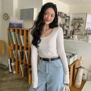 Lace-neckline Rib T-shirt