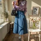 Welt-pocket Denim Flared Long Skirt Dark Blue - One Size