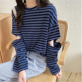 Round Neck Striped Ripped Long-sleeve Top