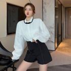 Frilled Long-sleeve Loose-fit Blouse / High-waist Shorts