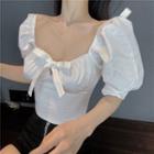 Bow Puff-sleeve Cropped Blouse White - One Size