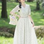 Elbow-sleeve Lace Trim Floral Midi A-line Dress