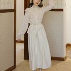 Set: Long-sleeve Ruffle Blouse + Midi A-line Skirt + Camisole Top