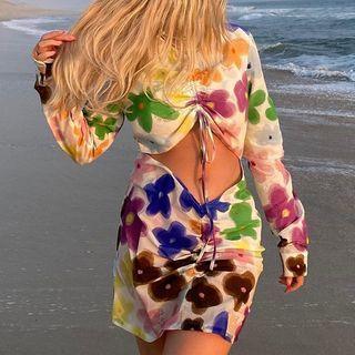 Floral Print Cut-out Long-sleeve Mini Sheath Dress