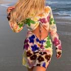 Floral Print Cut-out Long-sleeve Mini Sheath Dress