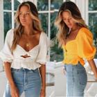 Ruffle Hem Puff-sleeve Blouse