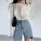 Puff Sleeve Mock Neck Knit Top Beige - One Size