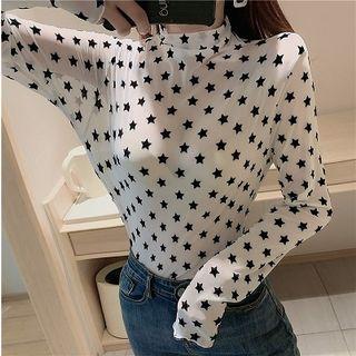 Mock-turtleneck Star Print Long-sleeve Mesh Top