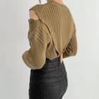 Long-sleeve Asymmetric Shoulder Cutout Ribbed Knit Top
