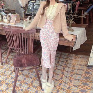 Collared Cardigan / Lace Blouse / Flower Print Midi Pencil Skirt