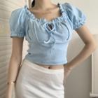 Ruffled Puff-sleeve Cropped Knit Top