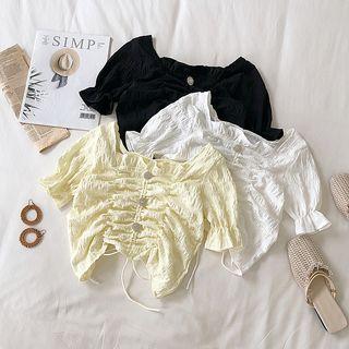 Short-sleeve Drawstring Crinkled Chiffon Cropped Top