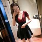 Short-sleeve Plunge-neck Mini A-line Dress