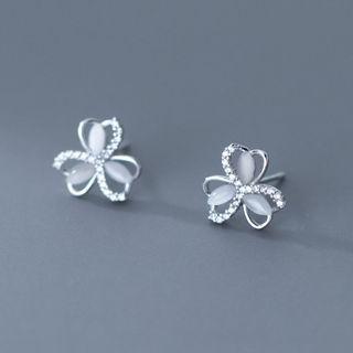 Flower Cat Eye Stone Rhinestone Sterling Silver Earring 1 Pair - Silver - One Size