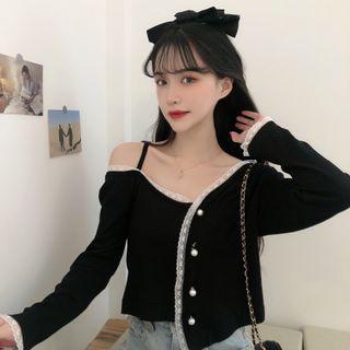 Lace Trim Cold-shoulder Long-sleeve Knit Top