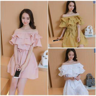Plain Ruffle Trim Off Shoulder Short Sleeve Dress