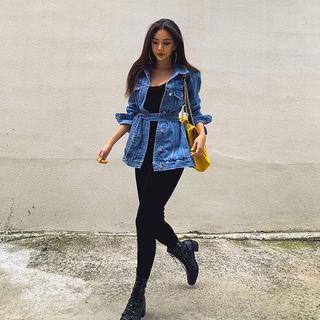 Pocket-detail Denim Jacket With Sash Dark Blue - One Size