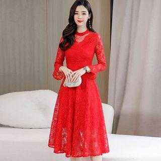Mesh Panel Long-sleeve Lace Midi A-line Dress