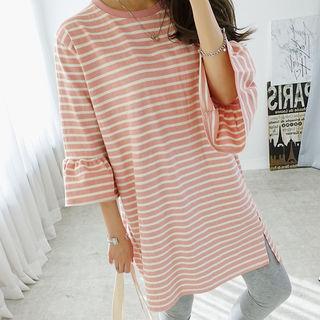 Ruffled 3/4-sleeve Stripe T-shirt Dress